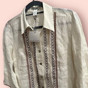 NWT Deadstock Vintage Jillian Jones Linen Embroidered Button-Up Blouse